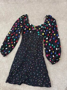 RIXO Black Dress with Multicolor Polka Dots and Balloon Sleeves